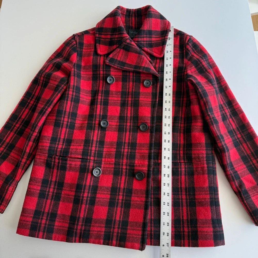 Kate Spade Saturday Wool Blend Scotch‎ Plaid Button Up Red Black Pea Coat wmn M
